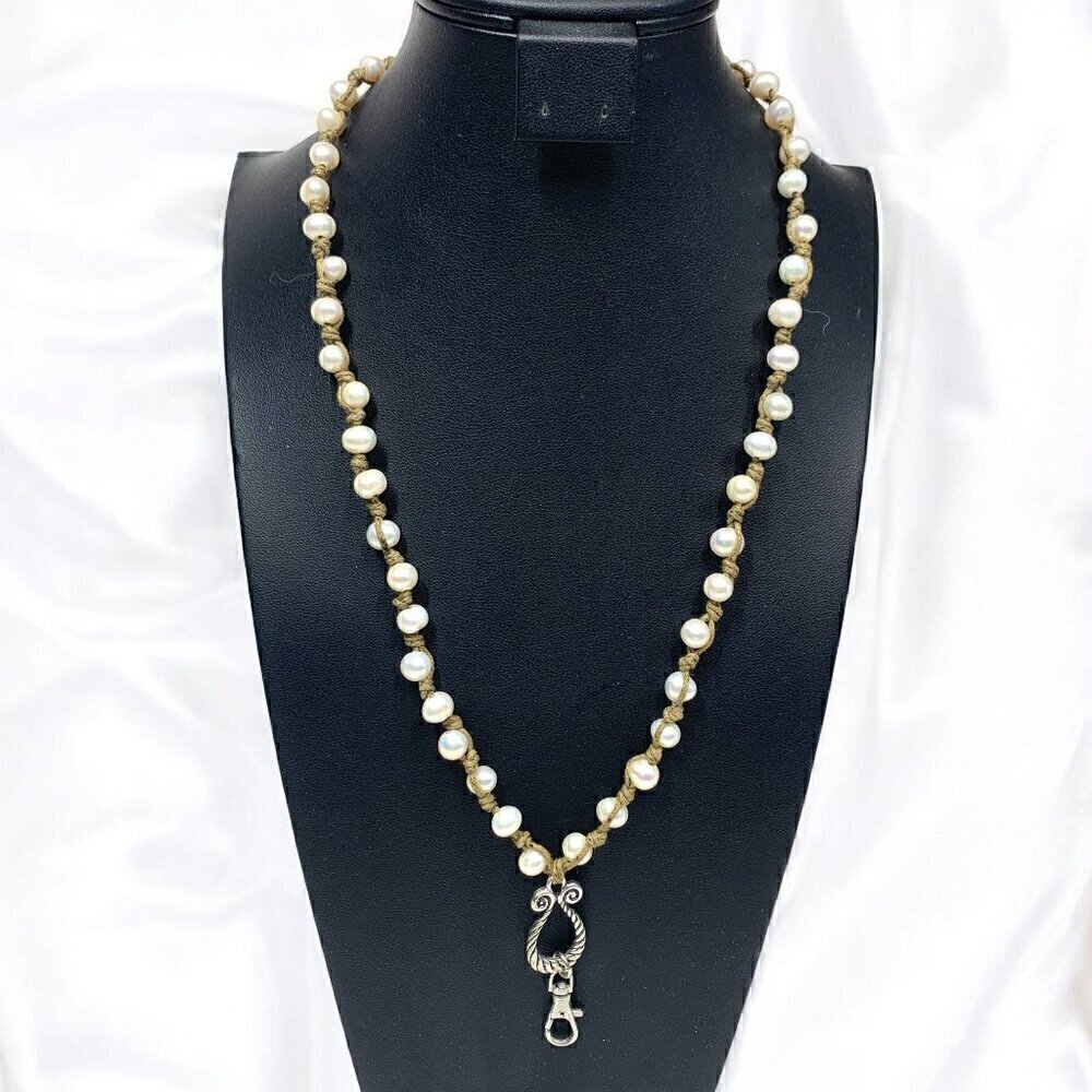 Genuine White Pearl Knotted ID Lanyard Necklace On Natural Fiber Cord 12"-18"